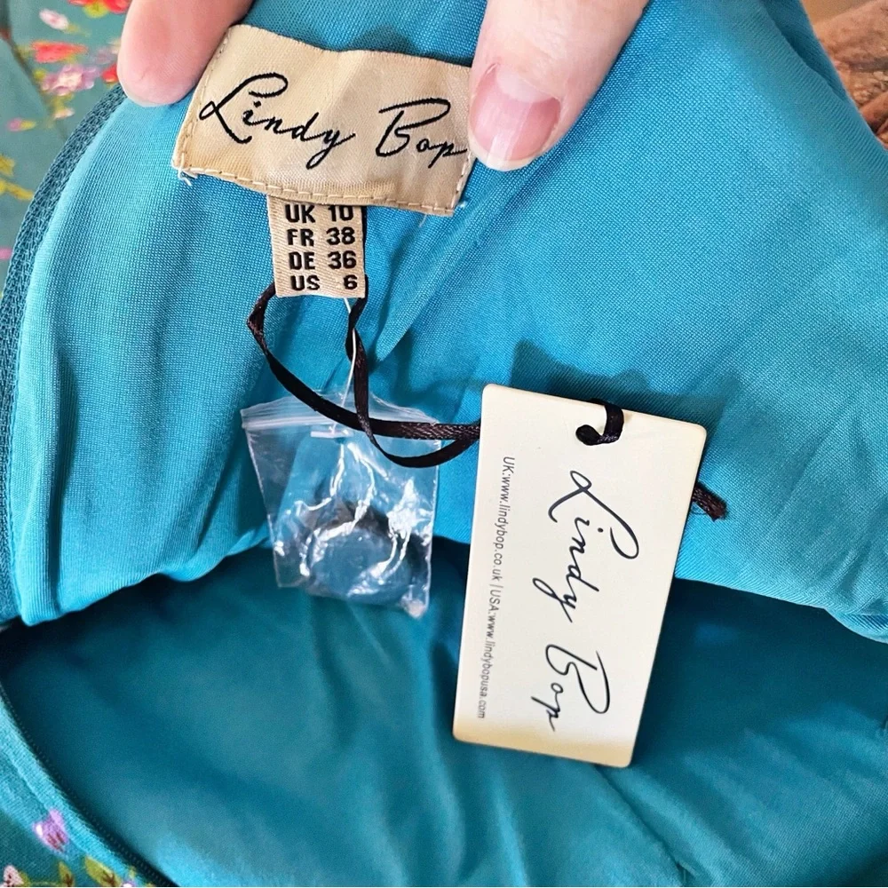 Lindy Bop Lana Teal Floral Party Dress NWT Rockabilly Size 6 - Picture 11 of 13